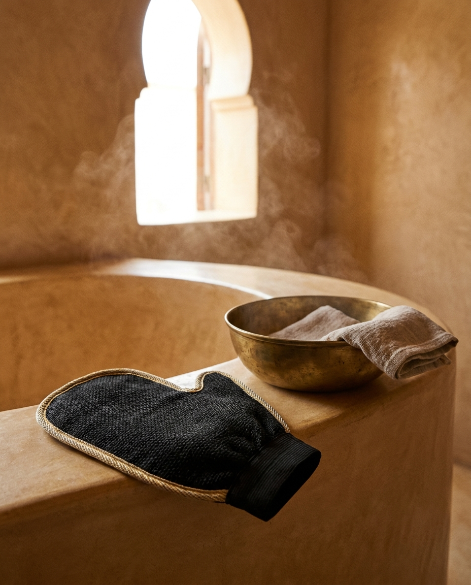 Kessa exfoliating glove in a warm Moroccan hammam setting