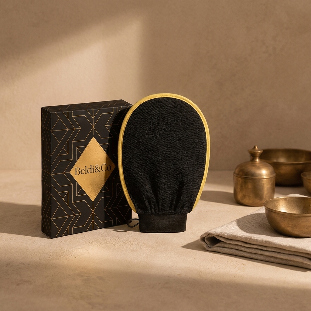 Beldi&Co Kessa Exfoliating Glove with branded black and gold box