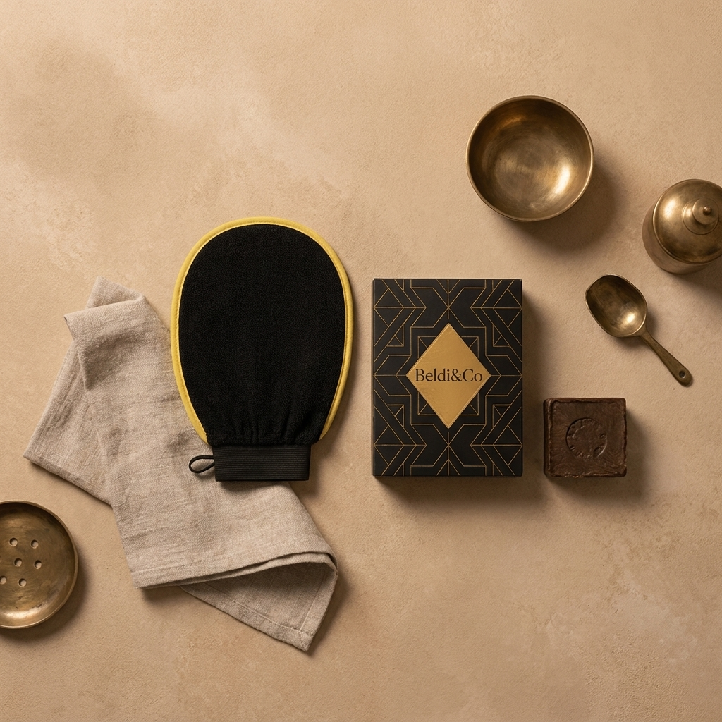Flat lay of the Kessa exfoliating mitt, Beldi&Co box, black soap, and hammam props