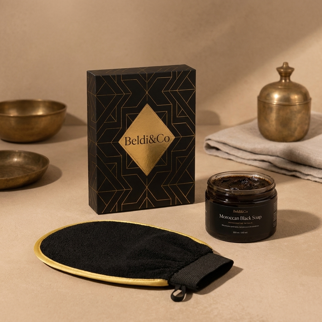 Beldi&Co Kessa and Moroccan Black Soap Ritual Bundle with black and gold branded box