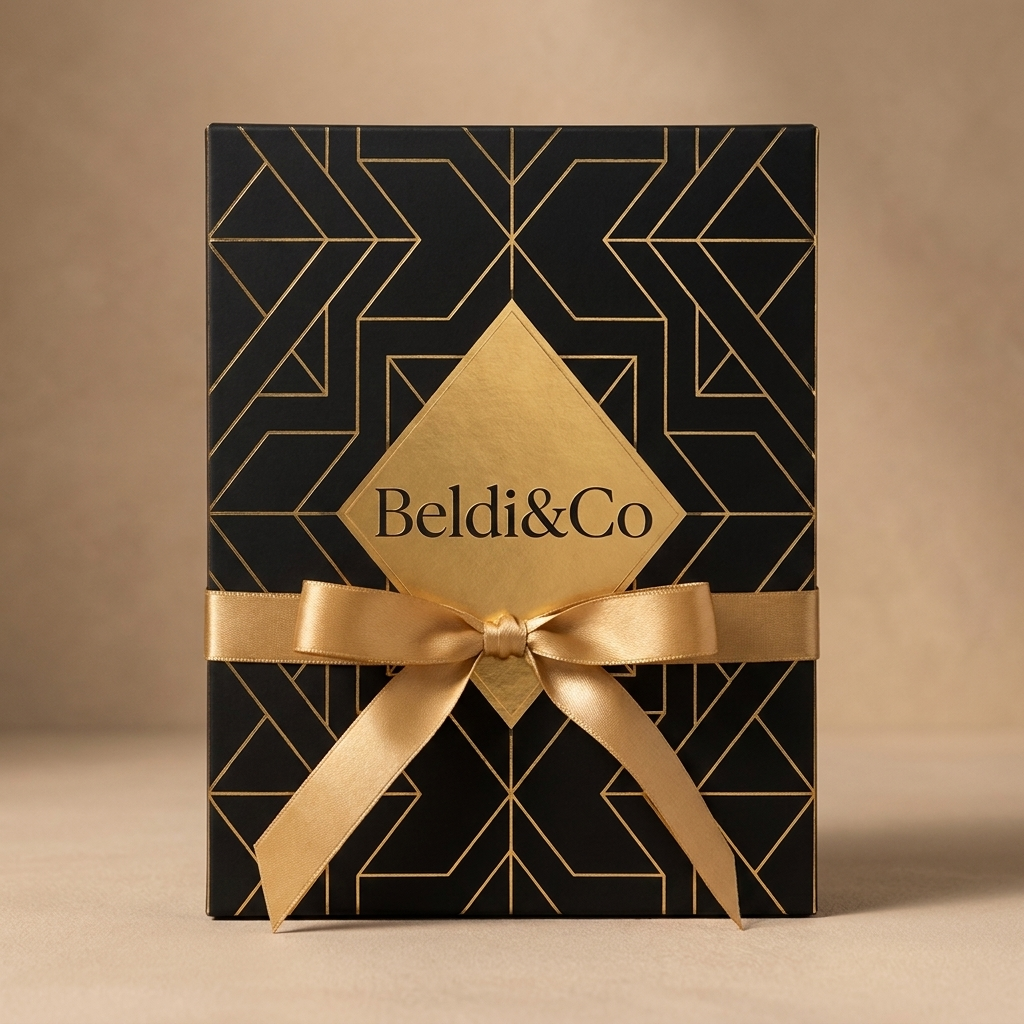 Close-up of Beldi&Co gold geometric gift box design