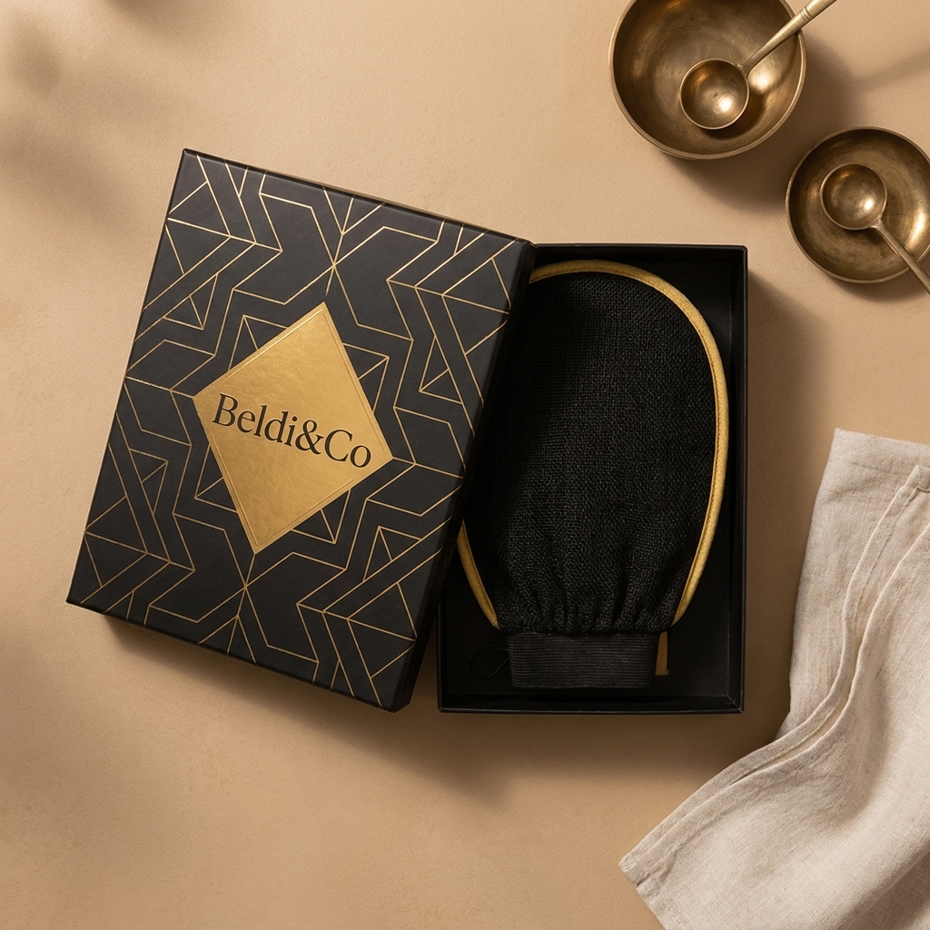 Unboxed flat lay of the Kessa mitt and Moroccan Black Soap inside the Beldi&Co gift box