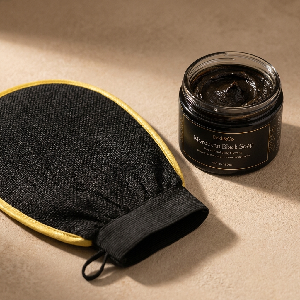 Detail shot of the Kessa mitt texture and Moroccan Black Soap jar