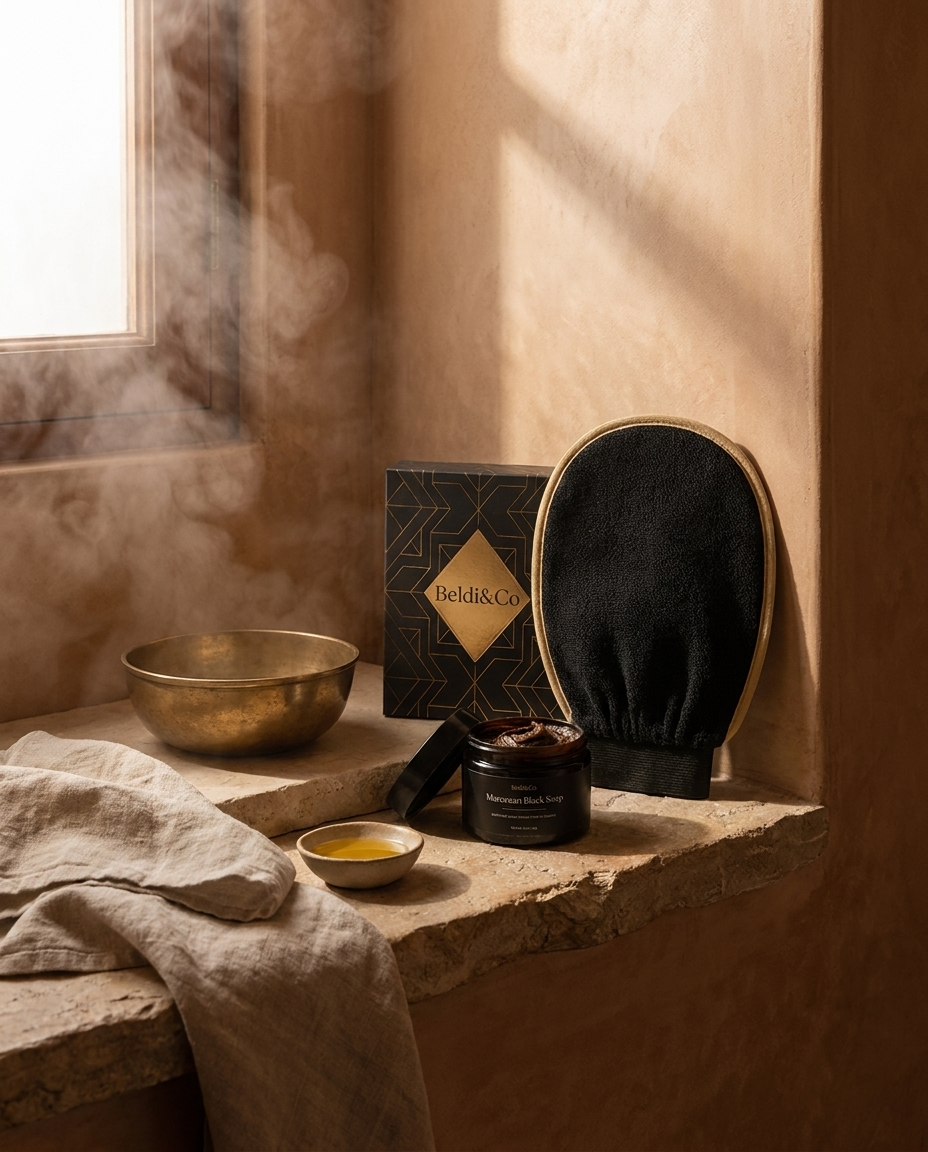 Kessa and Moroccan Black Soap Ritual Bundle in a warm Moroccan hammam setting