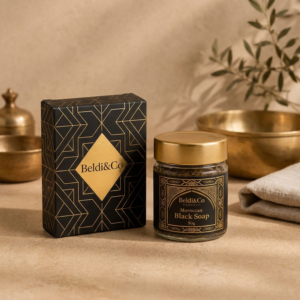 Beldi&Co Moroccan Black Soap jar with black and gold branded box
