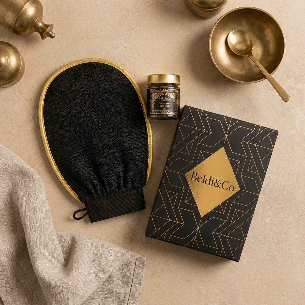 Flat lay of Moroccan Black Soap, Kessa Exfoliating Glove, and the Beldi&Co gift box