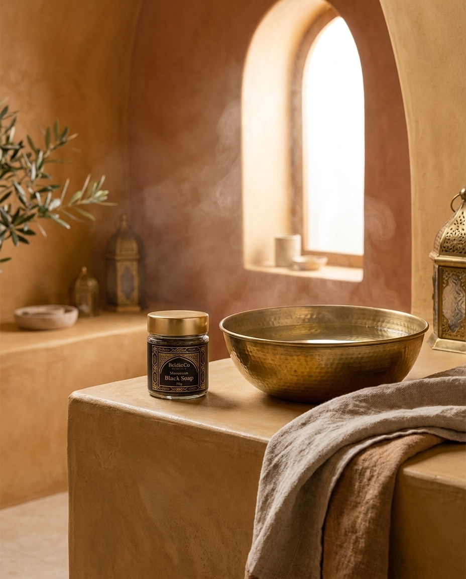 Moroccan Black Soap in a warm Moroccan hammam setting