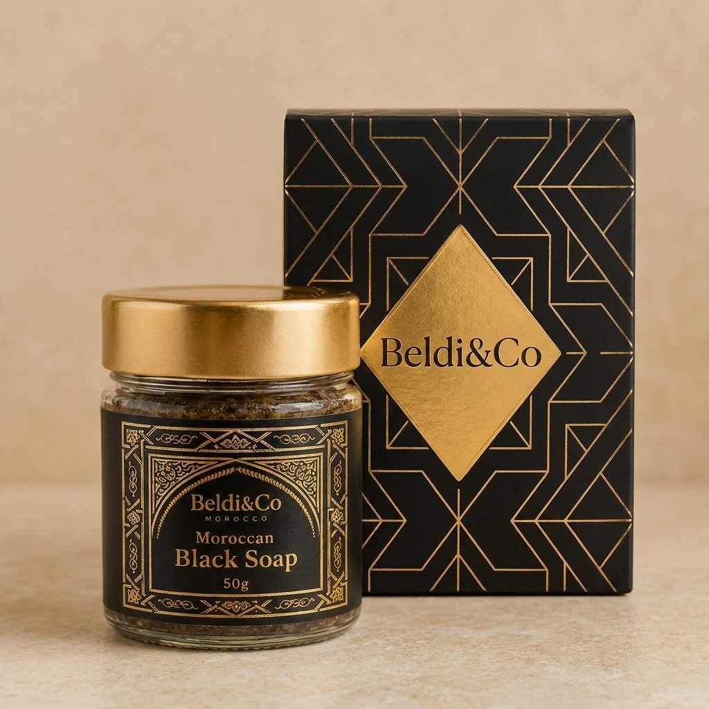 Close-up of Beldi&Co Moroccan Black Soap label and gold geometric box design
