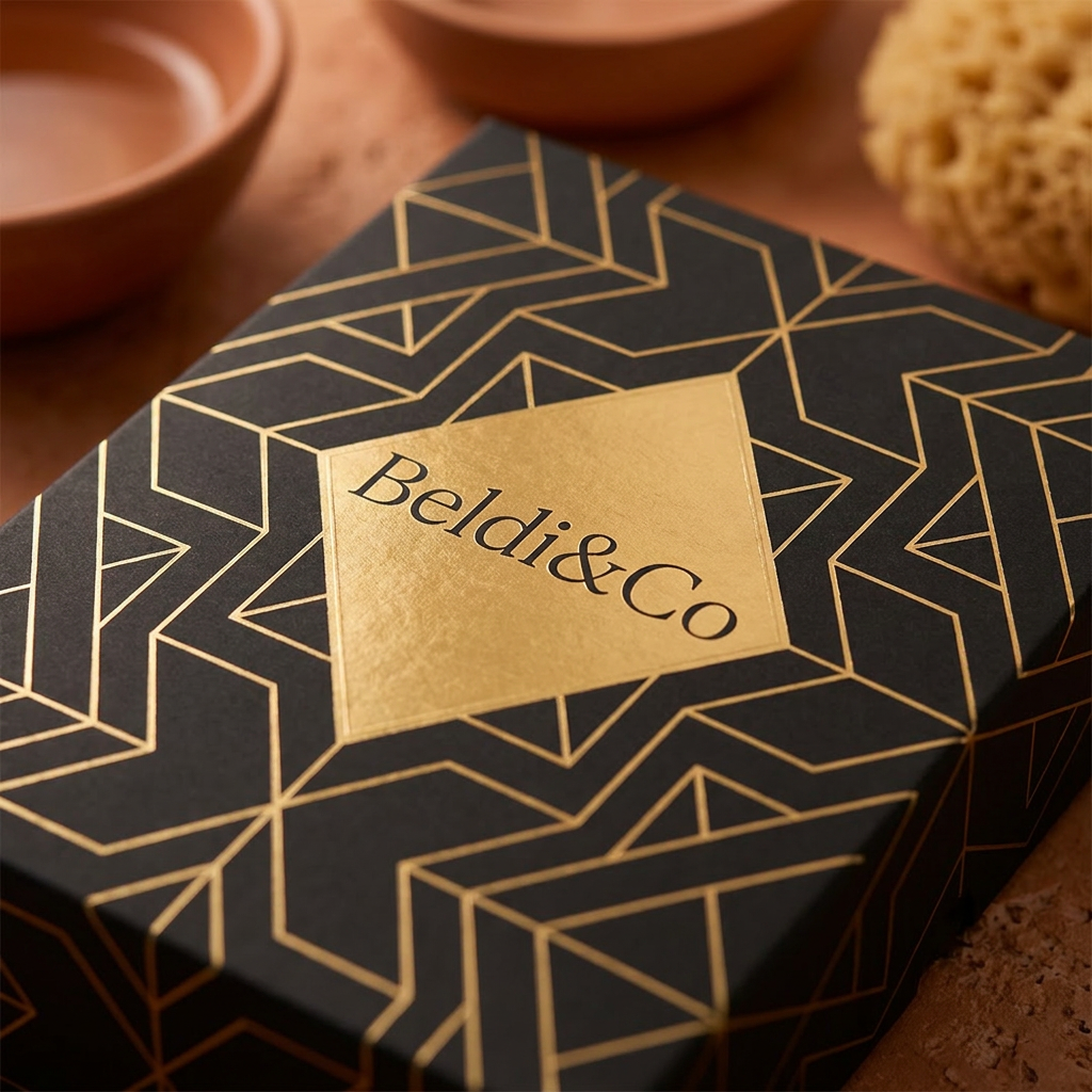 Close-up of Beldi&Co gold geometric box design and diamond logo