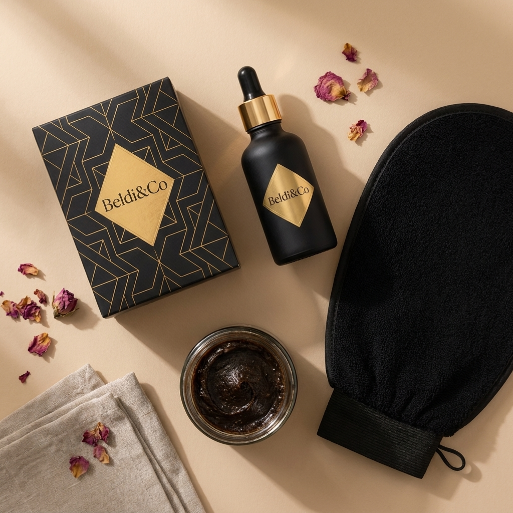 Flat lay of Moroccan Argan Oil, Kessa Exfoliating Glove, and Moroccan Black Soap