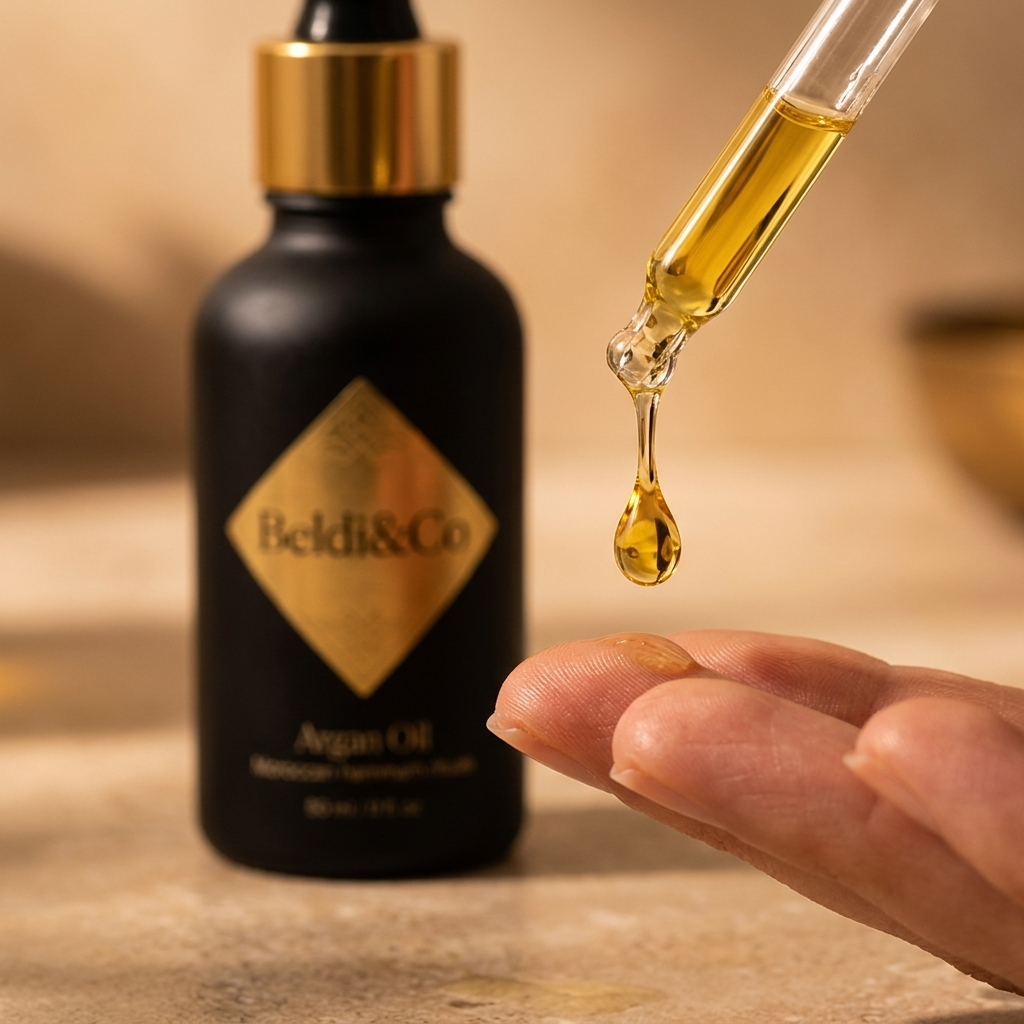 Close-up of a drop of Moroccan Argan Oil on fingertips