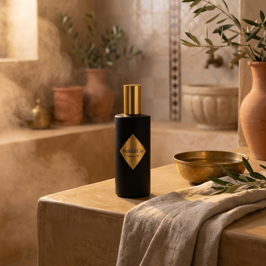 Moroccan Argan Oil in a warm Moroccan hammam setting