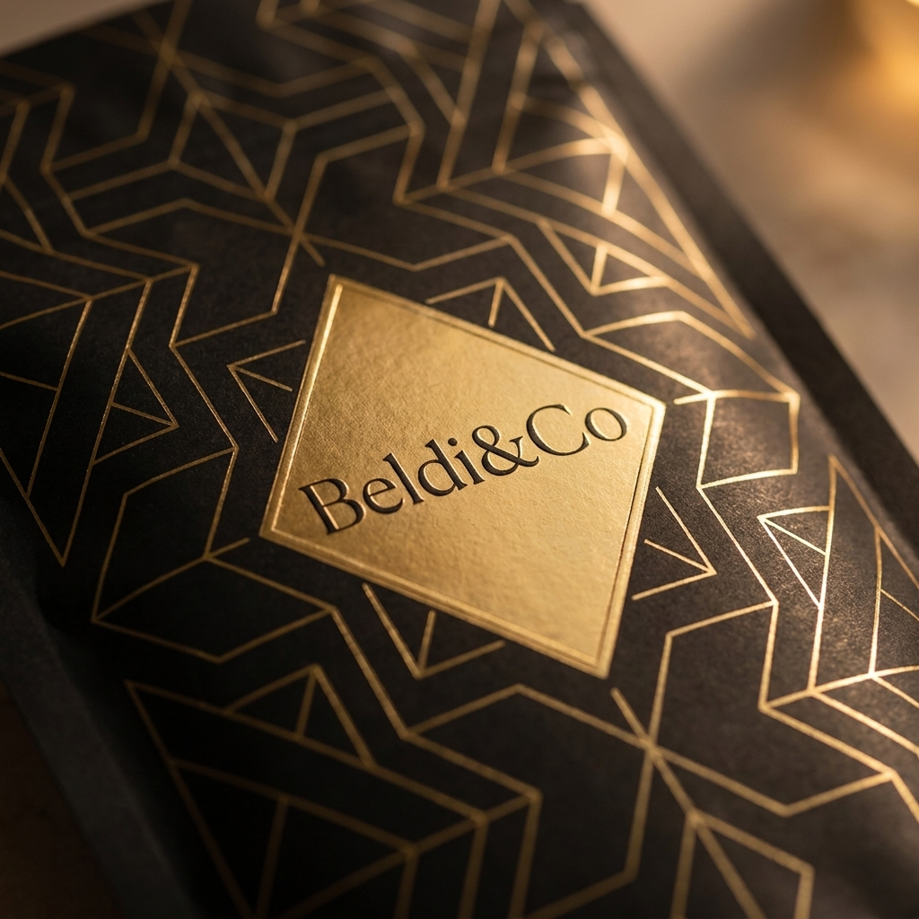 Close-up of Beldi&Co gold geometric pattern and diamond logo on Ghassoul Clay pouch