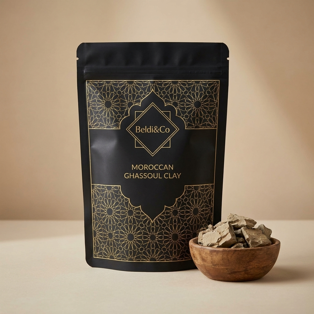 Beldi&Co Moroccan Ghassoul Clay pouch with gold Moroccan pattern and diamond logo