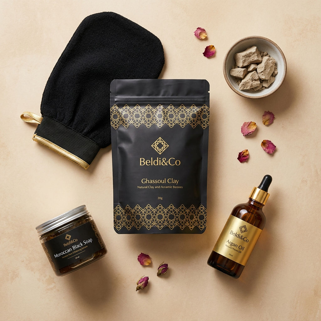 Flat lay of Moroccan Ghassoul Clay, Kessa Exfoliating Glove, Moroccan Black Soap, and Argan Oil