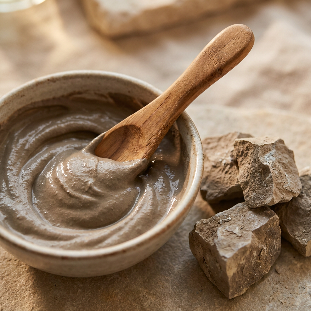 Close-up texture of Moroccan Ghassoul Clay paste