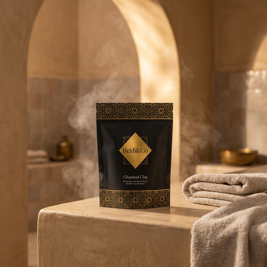 Moroccan Ghassoul Clay in a warm Moroccan hammam setting