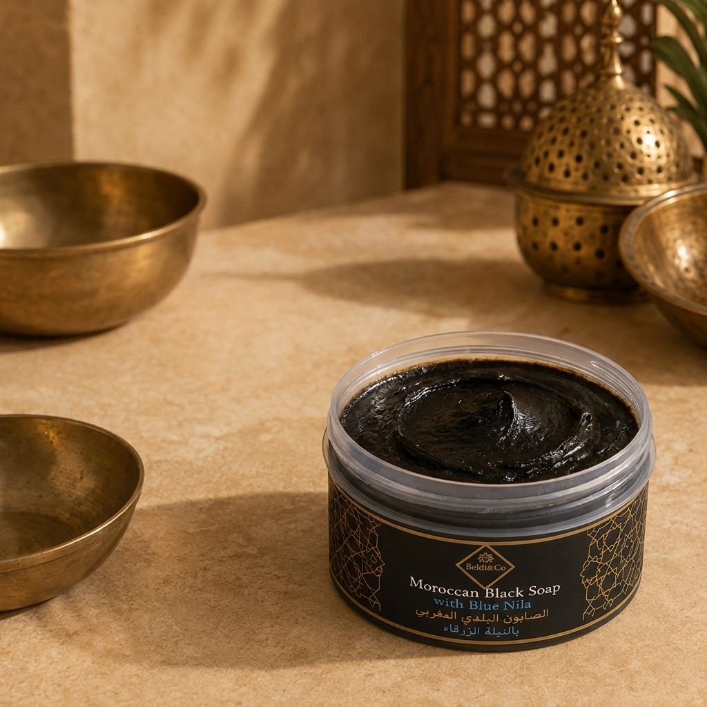 Beldi&Co Moroccan Black Soap with Blue Nila tub, navy blue and gold branded packaging