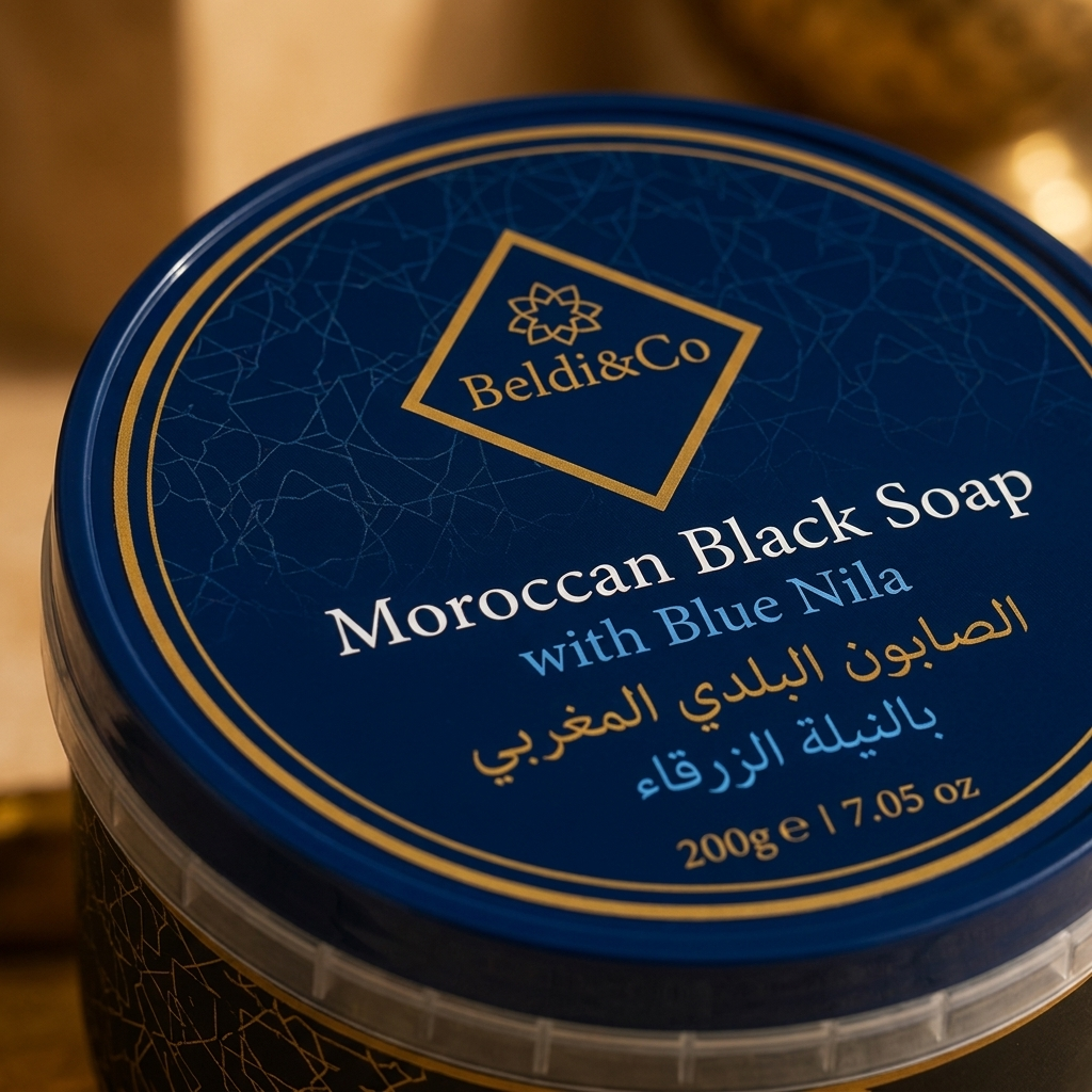 Close-up of Beldi&Co navy and gold lid label on Moroccan Black Soap with Blue Nila