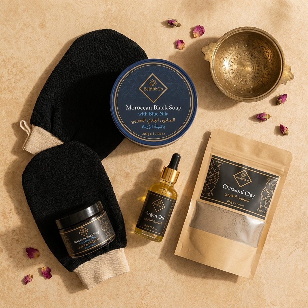 Flat lay of Moroccan Black Soap with Blue Nila alongside the Kessa Glove, Black Soap, Argan Oil, and Ghassoul Clay