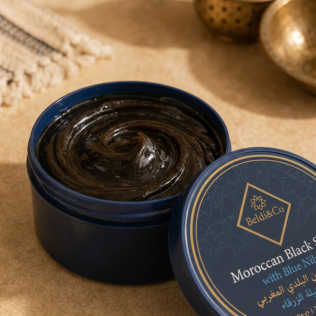 Close-up texture of Moroccan Black Soap with Blue Nila paste