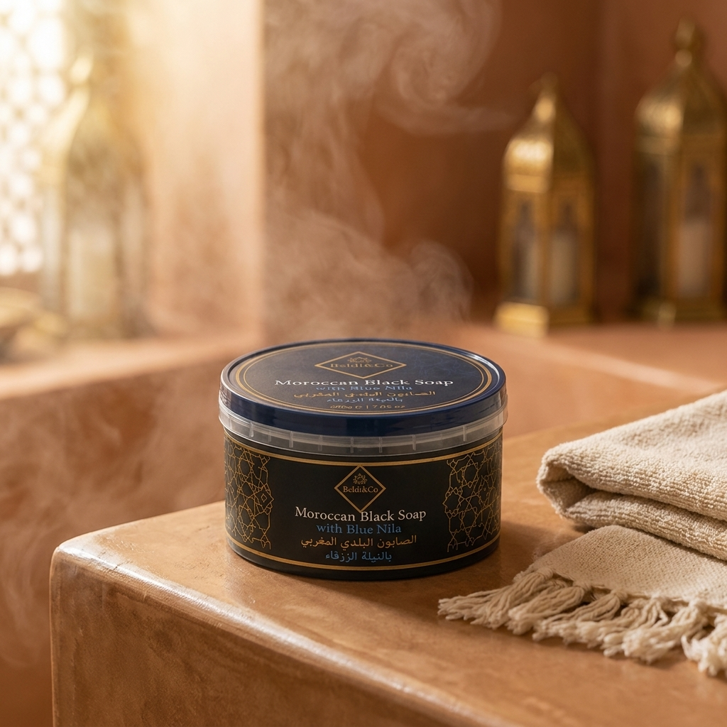 Moroccan Black Soap with Blue Nila in a warm Moroccan hammam setting