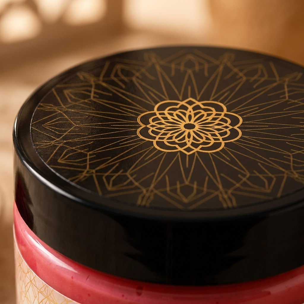 Close-up of Beldi&Co gold Moroccan pattern lid and diamond logo on Aker Fassi Cream jar