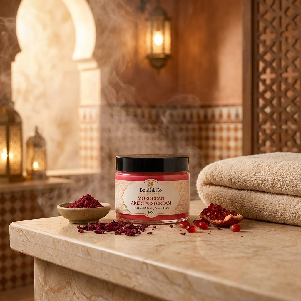 Moroccan Aker Fassi Cream in a warm Moroccan hammam setting