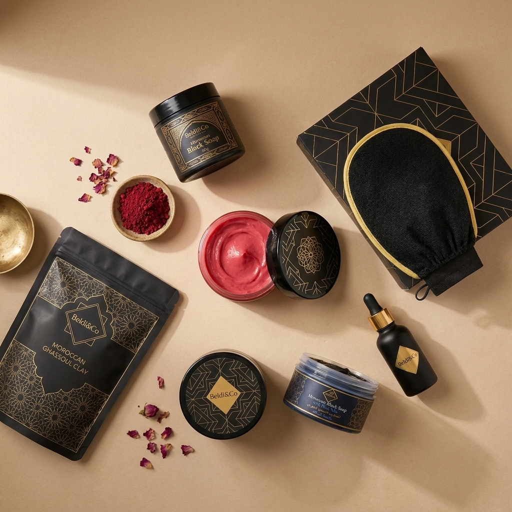 Flat lay of Moroccan Aker Fassi Cream with Ghassoul Clay, Black Soap, Black Soap with Blue Nila, Argan Oil, and Kessa Glove