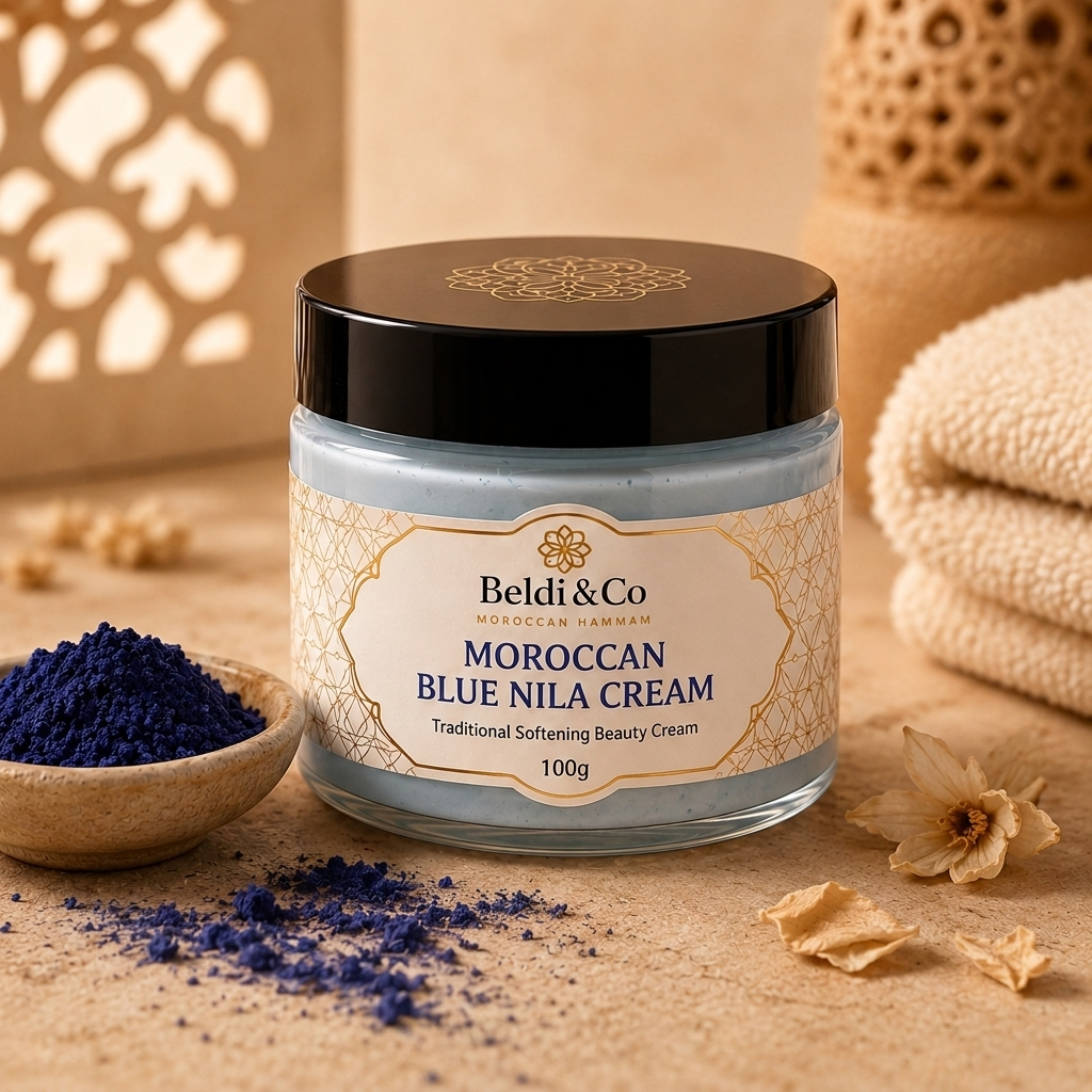 Beldi&Co Moroccan Blue Nila Cream jar with black gold-patterned lid