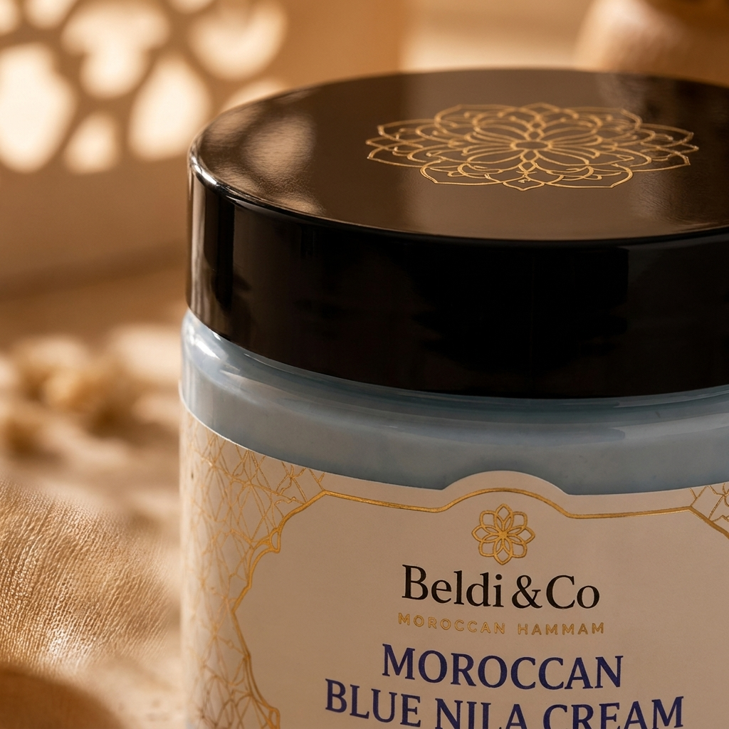 Close-up of Beldi&Co gold Moroccan pattern lid and diamond logo on Blue Nila Cream jar