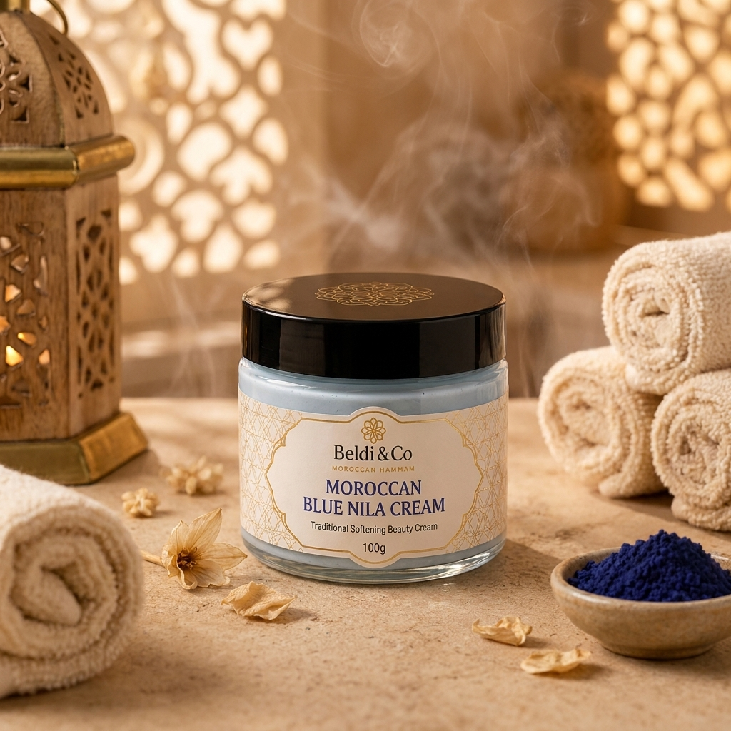 Moroccan Blue Nila Cream in a warm Moroccan hammam setting
