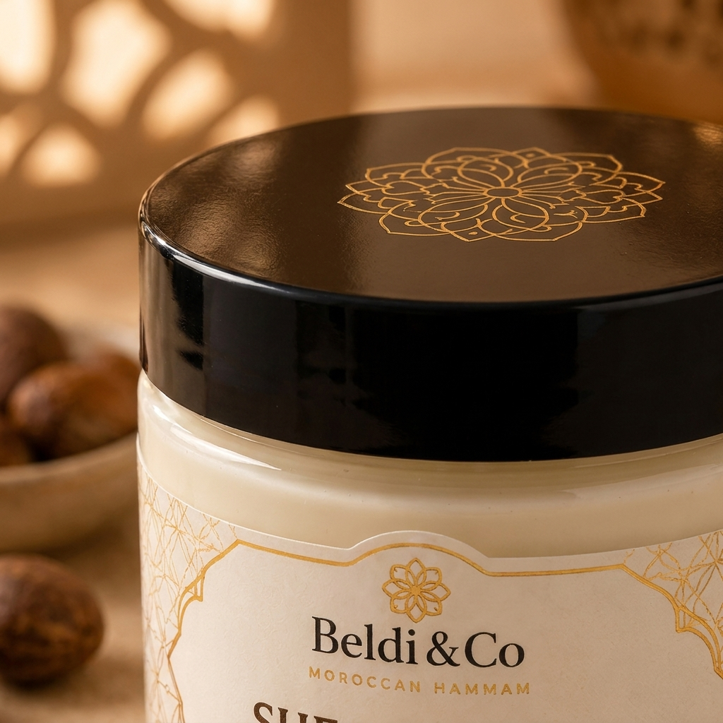 Close-up of Beldi&Co gold Moroccan pattern lid and diamond logo on Shea Butter jar
