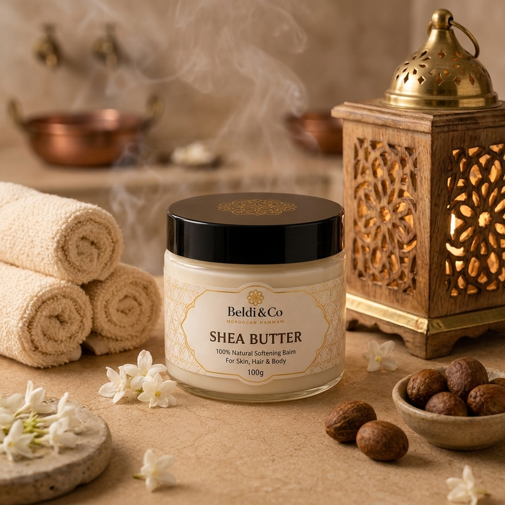 Moroccan Shea Butter in a warm Moroccan hammam setting