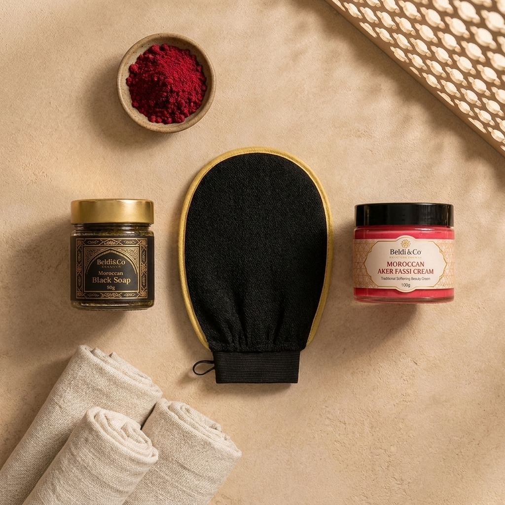 Beldi&Co Soft Feet Ritual bundle: Kessa Glove, Moroccan Black Soap and Aker Fassi Cream