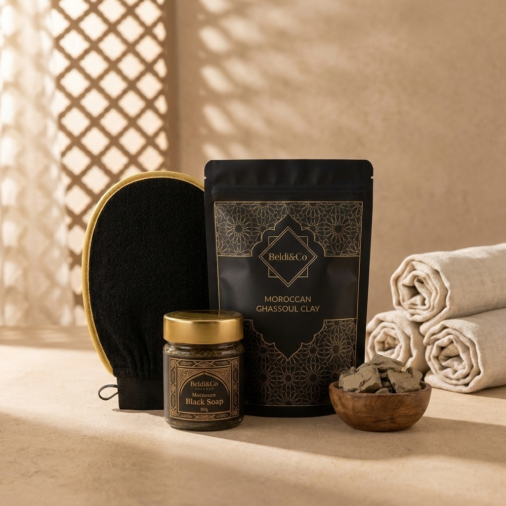 Beldi&Co Clay Detox Ritual: Kessa Glove, Moroccan Black Soap and Ghassoul Clay