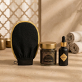 Beldi&Co Glow & Oil Finish Set: Kessa Glove, Moroccan Black Soap and Argan Oil