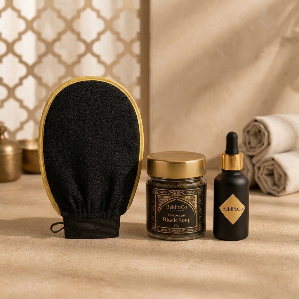 Beldi&Co Glow & Oil Finish Set: Kessa Glove, Moroccan Black Soap and Argan Oil