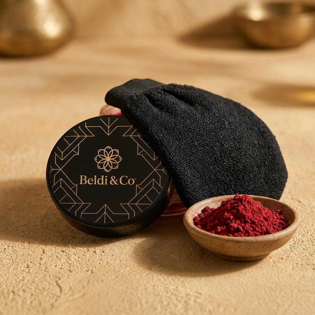 Close-up detail of Kessa mitt and Aker Fassi Cream for Soft Feet Ritual