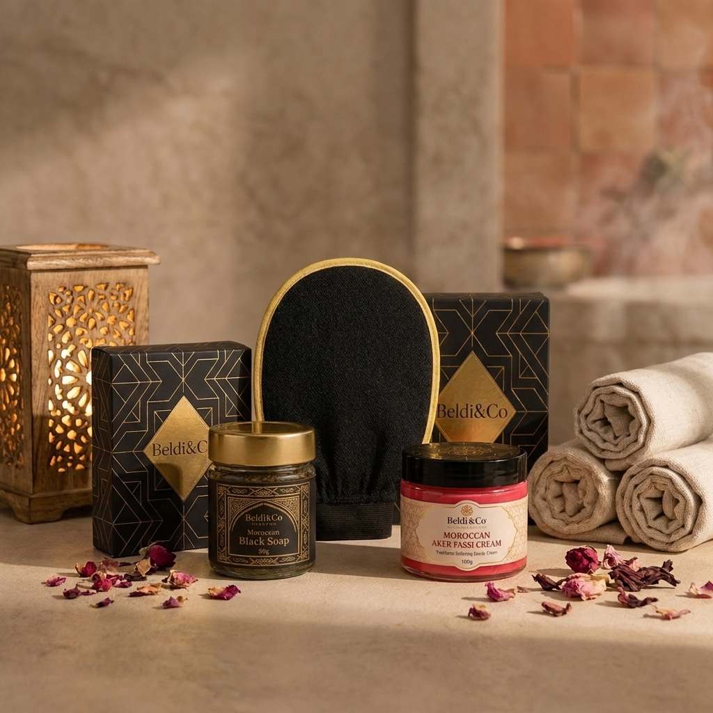 Soft Feet Ritual bundle in a warm Moroccan hammam setting