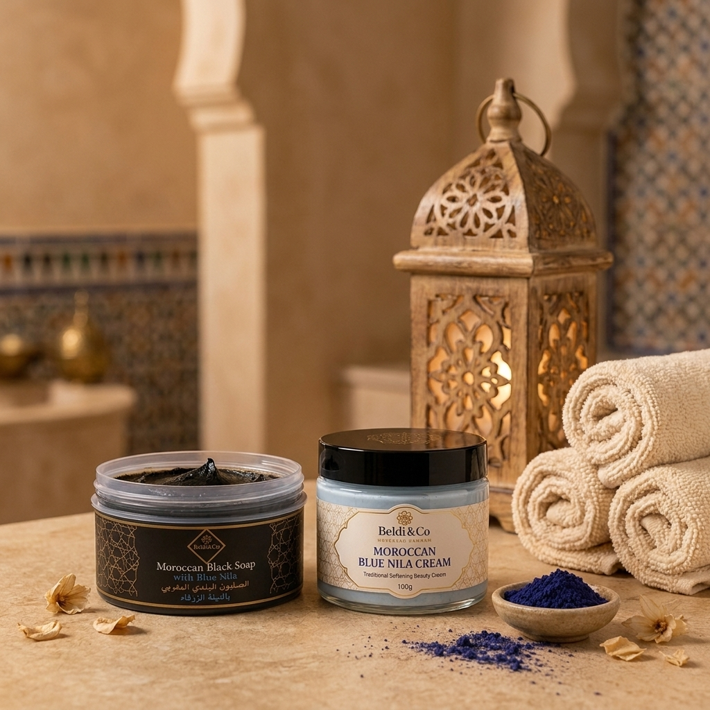 Blue Nila Glow Set in a warm Moroccan hammam setting