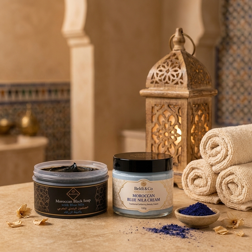 Blue Nila Glow Set in a warm Moroccan hammam setting