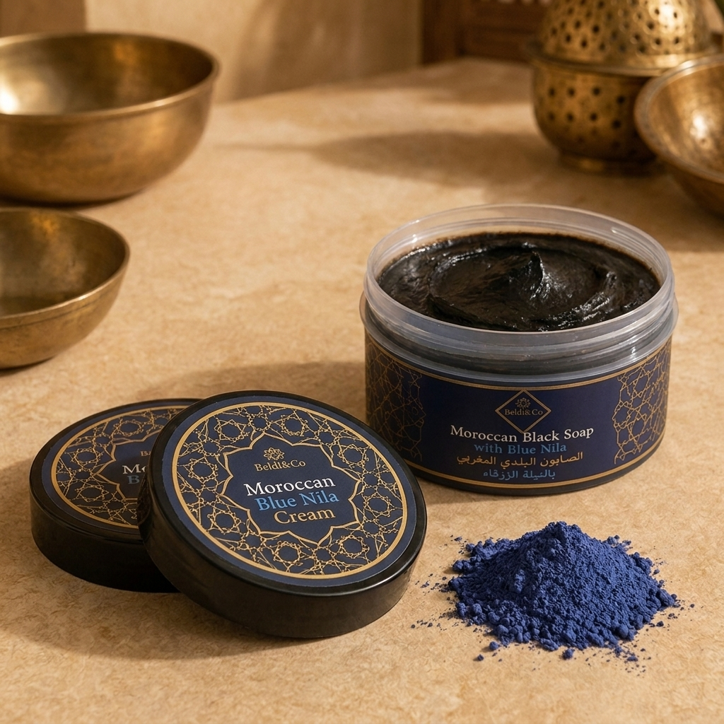 Close-up detail of Blue Nila Cream and Black Soap with Blue Nila lids