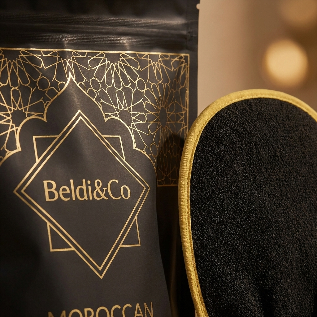 Close-up detail of Ghassoul Clay pouch and Kessa mitt for Clay Detox Ritual
