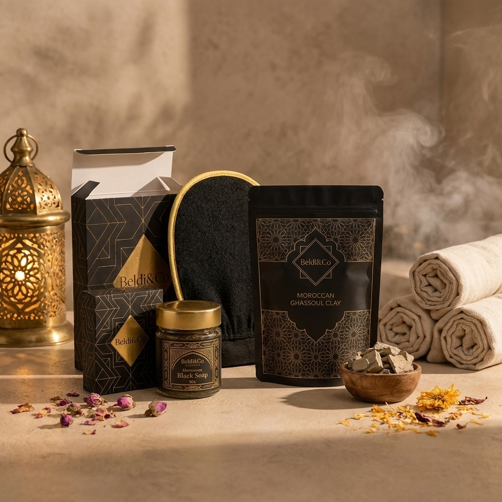 Clay Detox Ritual bundle in a warm Moroccan hammam setting