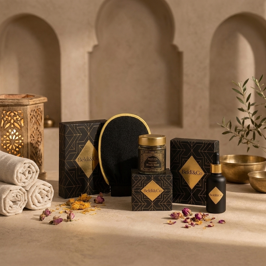 Glow & Oil Finish Set bundle in a warm Moroccan hammam setting