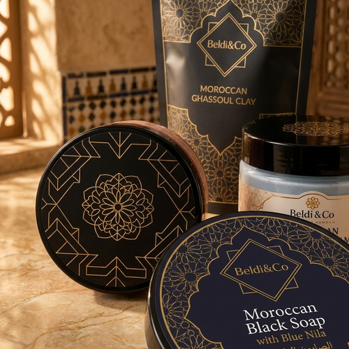 Close-up detail of Beldi&Co lids and labels for Complete Moroccan Hammam Ritual