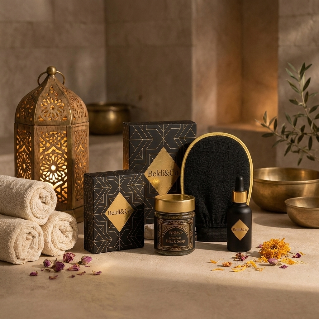 Complete Moroccan Hammam Ritual gift set in a warm Moroccan hammam setting